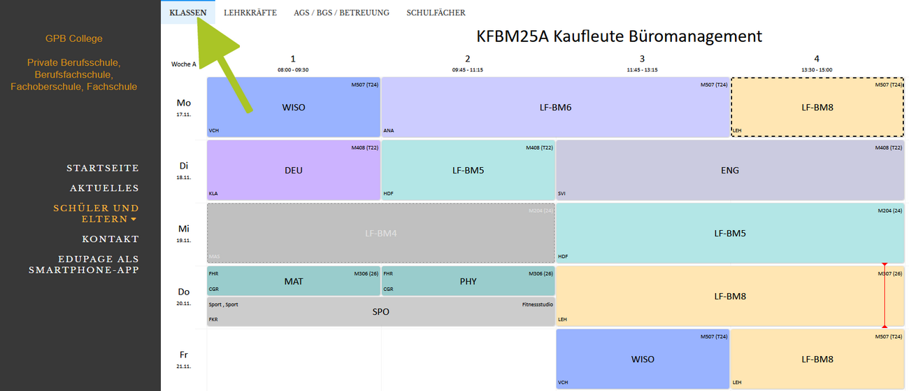 Klasse auswählen in der Stundenplan-Übersicht