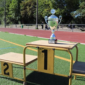 Pokal auf Siegerpodest